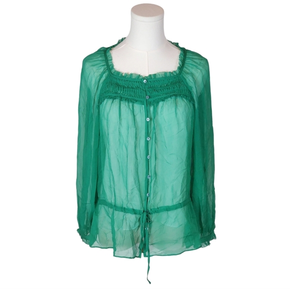 Joie Green 100% Silk Sheer Blouse S Boho Peasant Button Front Lightweight - Picture 1 of 8